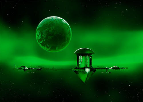 Horizon . Bild mit Weltraum, Bitek Habitat und Planet in grünem Plasmastrom